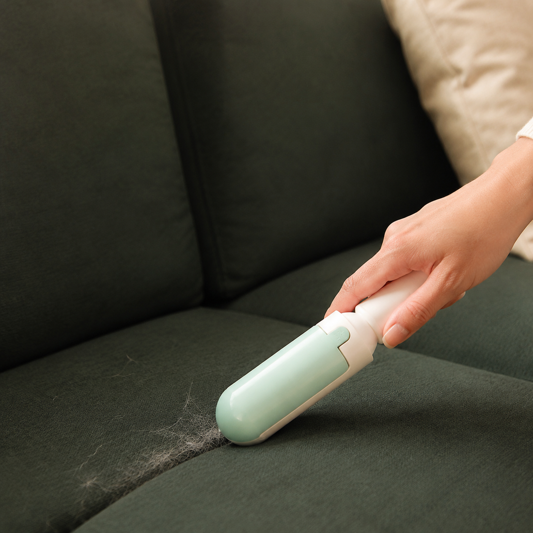Reusable Furmeno brush removing pet hair from a fabric sofa seam